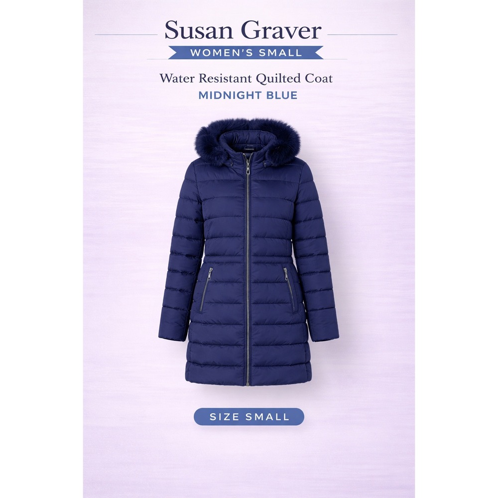Susan Graver Midnight Blue Water Resistant Quilted Puffer Coat Faux Fur‎ Hood S